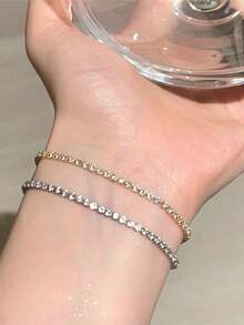 925 纯银 18K 白金镀奢华方晶锆石手链，婚礼和订婚必备 - 滿鑽 - 查看 2