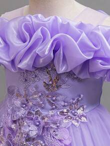 年轻女孩蕾丝串珠花瓣花卉优雅 A 字裙，花童婚礼派对公主礼服鸡尾酒会礼服 - 紫色 - 查看 5