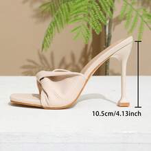 Women's Square Toe Textured Apricot Comfortable Summer Simple Evening Wedding Party Slim High Heel Sandals - Beige - View 9