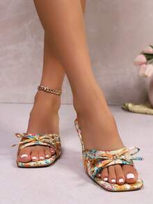 Soft Leather Square-Toe Wide-Foot Slip-On Sandals, Kitten Heel T-Strap Versatile Slim Flip-Flops For Women - Multicolor - View 3