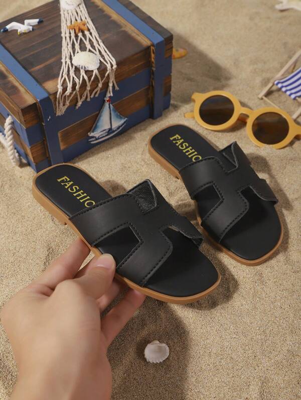 1 Pair Plain Leather Toddler/Little Girls' Flat Slide Sandals, Simple Adjustable Strap Round Toe Open Toe Fashion Elegant Cute Roman Sandals, Suitable For 3-12 Years Old Girls Daily Casual Vacation Beach, Spring/Summer 2025