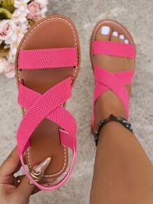 2024 女士交叉带沙滩凉鞋，透气面料平底，夏季休闲度假必备 - 玫紅色 - 查看 6