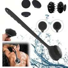 4pcs Silicone Body Brush Set - Includes: 1 Long Handle Back Scrubber, 1 Short Handle Shower Brush, 1 Hair Washing Brush And 1 Face Cleansing Brush. Non-Electric Handheld Body Brush/Face Brush, Non-Slip Handle, Strong Cleaning Power, Soft Bristles, Can Clean And Massage All Parts Of The Body. Cleaning Tool, Massage Tool - Black - View 10