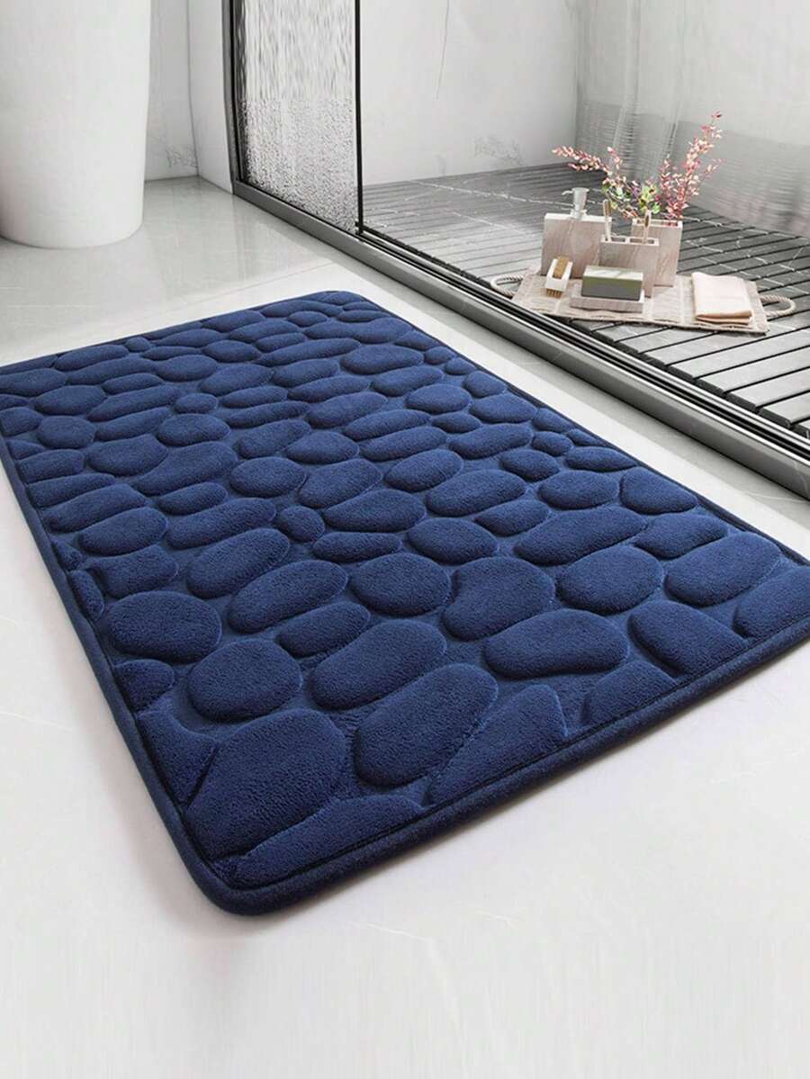 1 Piece Navy Blue Stone Texture Embossed Highly Resistant Absorbent Non-Slip Bathroom Doormat, Single Piece Or Bathroom Decorative Rug Floor Rug Outdoor Rug Door Mat Summer Bathroom Accessories Back To School - Navy - View 1