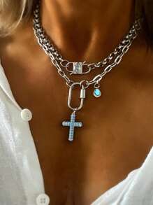 1Pc Women's Silver Chain Necklace With An Oval Buckle And A Diamond Studded Artistic Cross Pendant, Exquisite And Unique In Style, Suitable For Wearing During Events Or Festivals