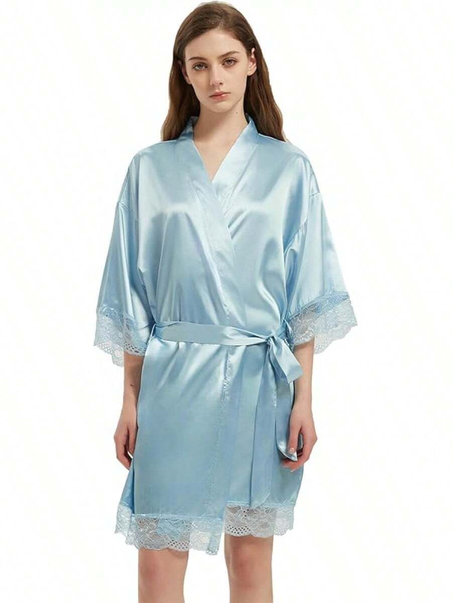 Women's Satin Robe Silk Robe Lace Bridal Robes For Bride Bridesmaid Robes Silky Bathrobe Getting Ready SleepwearHalloween Christmas New Year - 淺藍色 - 查看 1