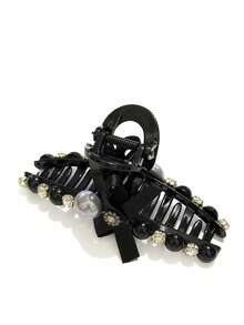 1 件女士纯色珍珠水钻蝴蝶结发夹，时尚简约设计，适合日常使用