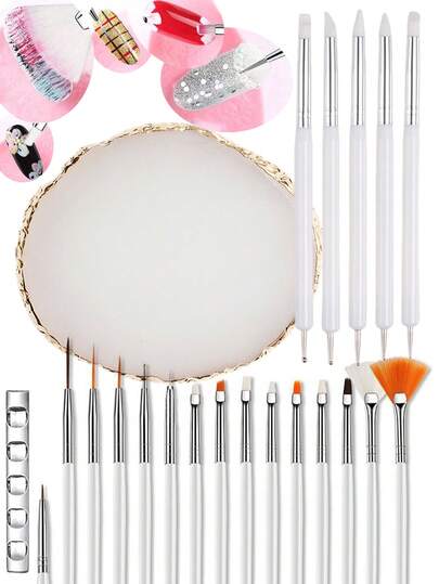 15/22pcs White Nail Art Tool Set, Includes 15 Nail Art Pens, 1 Resin Palette, 5 Dual-Headed Acrylic Silicone Carving/Dotting Pens, Nail Art Tool Kit, DIY Makeup Display Board, Suitable For Home Nail Salon.