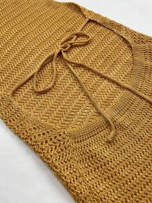 Women's Summer Sand Yellow Backless Hollow-Out See-Through Beach Mini Dress With Tie Details