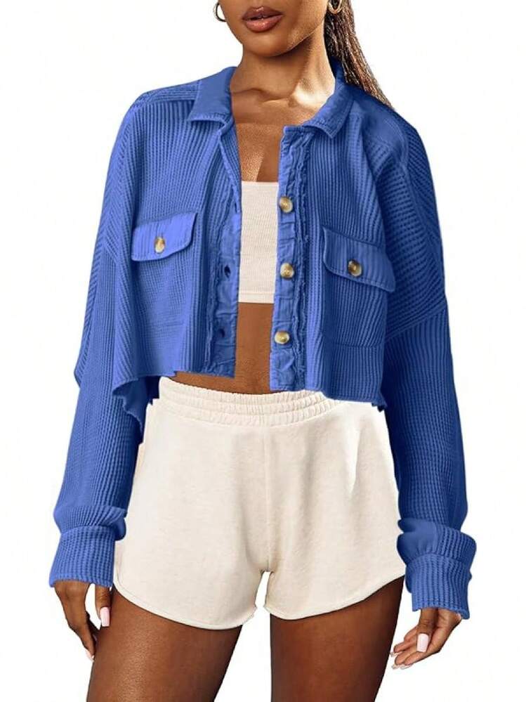 Women's Cropped Waffle Knit Shacket Short Button Down Jacket Batwing Sleeve Shirts With Pocket/Vacation Outfits Women/Valentine Outfits For Women - 小藍 - 查看 3
