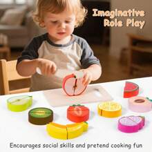 Juego de corte de madera, diversión y juego educativo para niños, temas de frutas, mariscos y alimentos, idea de regalo perfecta
