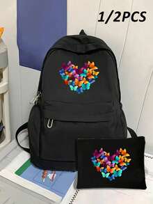 Mochila escolar grande con estampado de mariposa para adolescentes, mochila escolar de moda en negro, mochila escolar para estudiantes. Cartera larga con monedero clásico de gran capacidad con cremallera (color y estilo aleatorios). Bolsas y estuches para portátil de vuelta al cole. - Negro - Ver 12