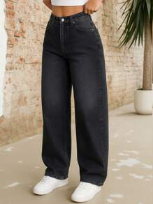 Women's Black High Waist Straight Leg Denim Jeans Casual Street Spring - Black - View 1