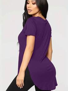 Trioutop Loose Fit Side Slit Round Neck Casual T-Shirt - Purple - View 2