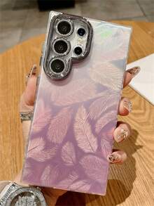 时尚羽毛图案渐变色手机壳适用于三星 Galaxy S25 S24 Ultra Plus S23Ultra S25Ultra 奢华闪亮相机镜头支架保护硬后盖防水防震防摔防刮 - 漸層粉紅色 - 查看 3