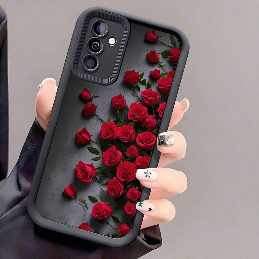 1 Stück Blumen-Elemente Mode Rot Rose stoßfeste Handyhülle, dick rutschfester Schutzüberzug kompatibel mit iPhone 17/17 Air/17 Pro/17 Pro Max, kompatibel mit Honor, kompatibel mit Redmi, kompatibel mit Galaxy, wasserdicht, sturzsicher, kratzfest, internationale Version, nicht die inländische Version Frühling - Schwarz - Übersicht 1