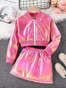 Young Girl Fashion PU Leather Faux Fur Lined Zipper Jacket And Mini Skirt Set