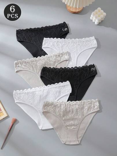 6pcs Comfortable & Fashionable Minimalist Solid Color Ribbed Knit Lace Trim Briefs