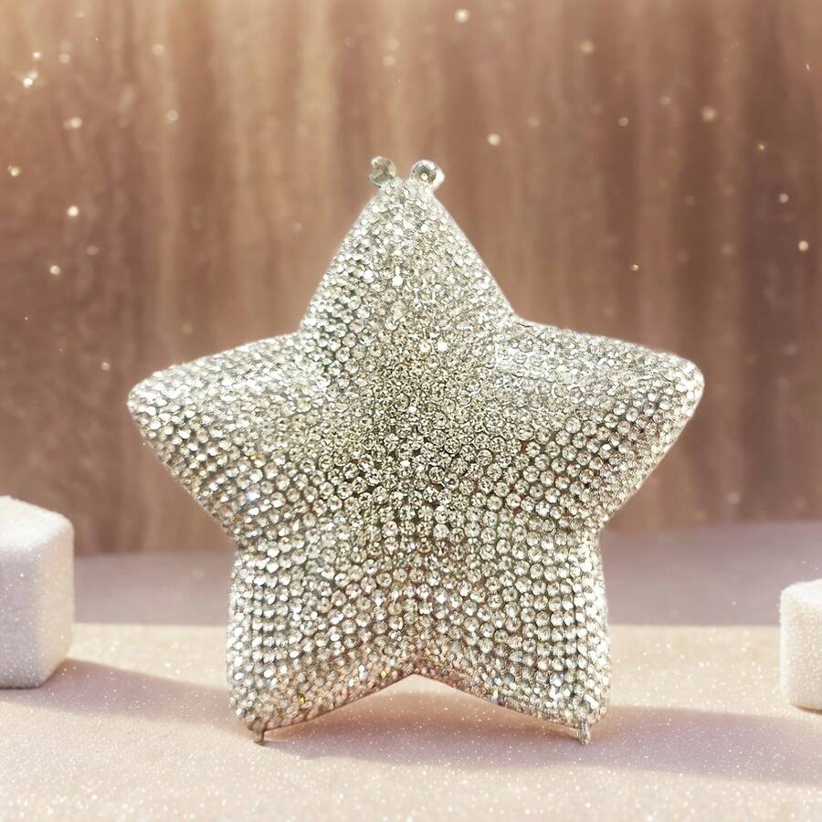 Women Rhinestone Star Shape Clutch Purse Unique Crystal Evening Bag Luxury Chain Handbag For Wedding Cocktail Party - Silver - View 1