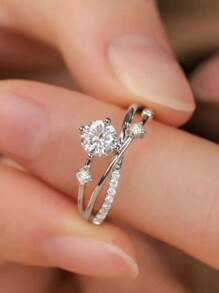 1PC Women's French Cross Design Ring, Cosmic Planet Track Sparkling Zirconia, Light Luxury Index Finger Ring For Elegant Temperament