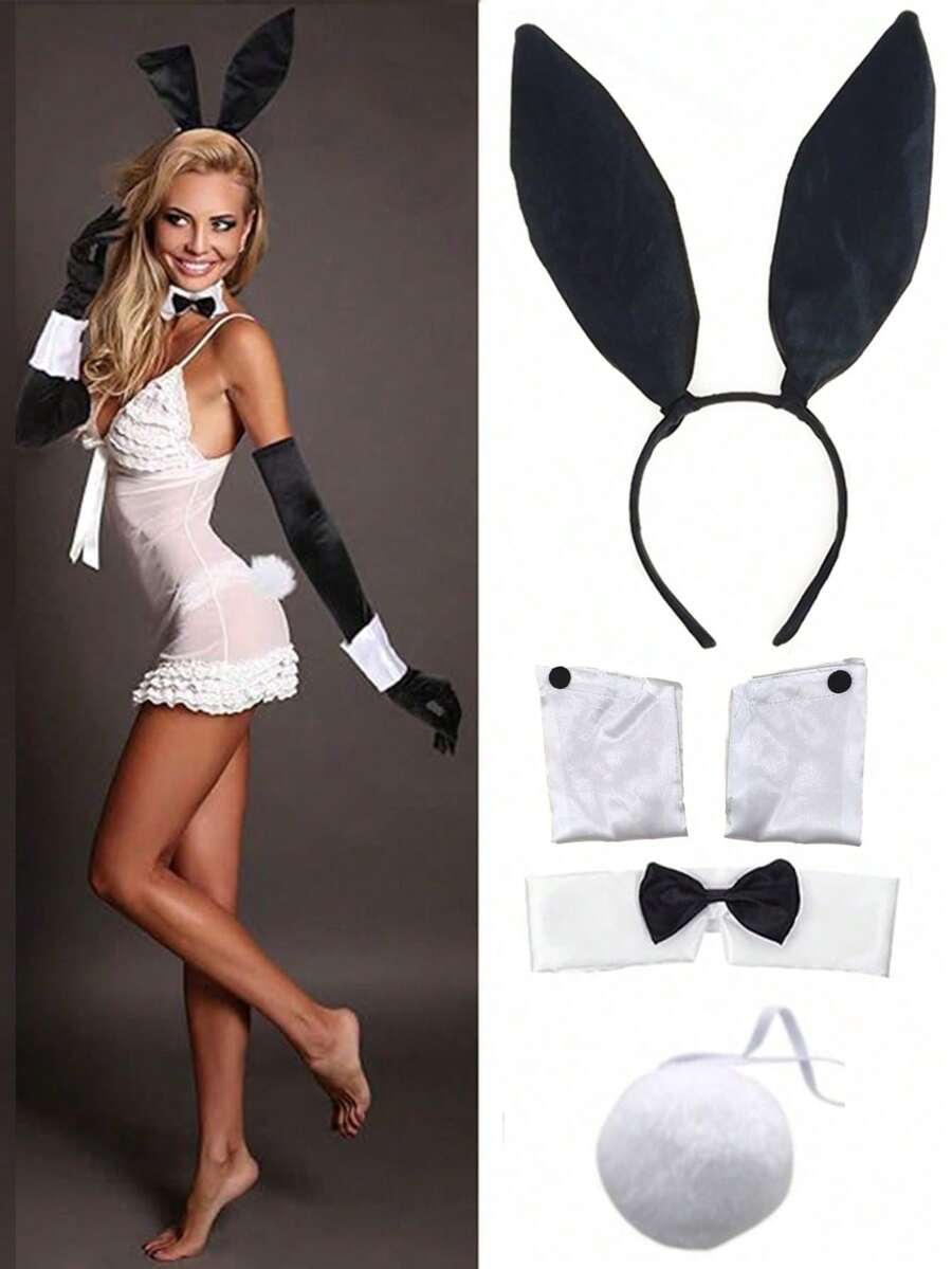 5 件套女士服装配饰，化妆派对兔耳头带，适合夜店的可爱性感兔子发饰，适合万圣节巴西狂欢节派对发饰和舞会 - 彩色 - 查看 1