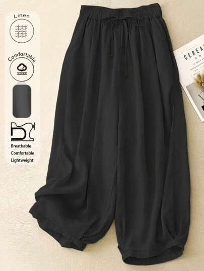 Pantalones de lino tipo farol informales talla grande para mujer, de unicolor versátil, ligeros y transpirables