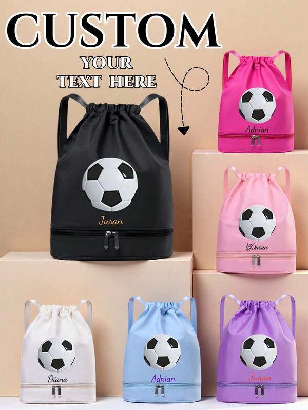 Customizable Backpack With Personalized Name Or Holiday Greetings. Solid Color Design, Minimalist Casual, Football Pattern, Lightweight Large Capacity. Adjustable Shoulder Strap, Zipper Closure, Multi-Function Shoe Compartment, Drawstring Travel Bag, Suitable For School, Daily Life, Outdoor, Sports, Fitness, Swimming And Other Occasions. Can Be Customized With Name, Letter, Lucky Number, Etc.