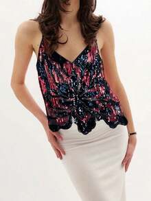 Women's Glitter Sequin Cami Tops Sleeveless Spaghetti Strap V Neck Camisole Summer Clubwear - Đỏ - Xem 5