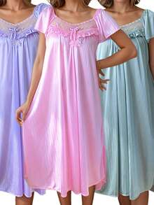 Summer 3-Piece Set For Women's Lace V-Neck Bow Pajamas, Simple Solid Color Nightdress, Rayon Short-Sleeved Home Clothes - Hồng vừa + Tím nhạt + Xanh lá - Xem 2