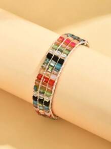 1pc Unisex Boho Geometric Square Multi-Layer Faux Crystal Beaded Braided Adjustable Bracelet, Design