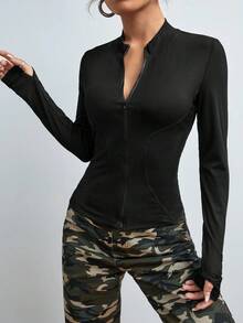 Chaqueta negra con cremallera y agujeros para el pulgar estilo para mujer - Negro - Ver 4