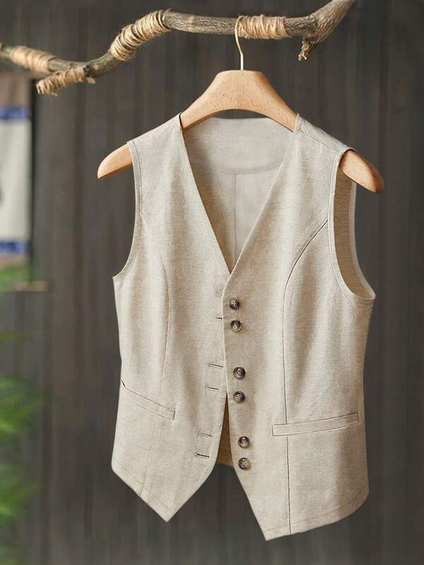 Women's Summer Dual-Color Linen-Like Sleeveless Single-Breasted Short Blazer