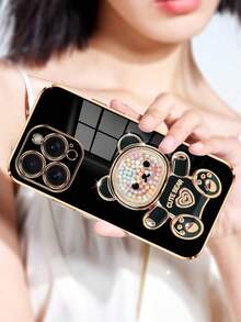 Funda de teléfono de lujo con electrochapado y soporte creativo con diseño de oso, nueva funda suave de silicona a prueba de golpes y caídas compatible con iPhone 16 15 14 13 12 11 X XS XR 8 7 Plus Pro Max, Galaxy S25 S24 S23 S22 S21 Note 20 A55 A54 A53 A52 A35 A34 A23 A16 A15 A14 A13 A12 A05S FE Ultra 4G 5G, compatible con Xiaomi Redmi Note 13 Pro, compatible con Huawei Honor OPPO Reno MOTO e Infinix Hot 40i Smart 8 Spark GO 2024, resistente al agua y a los arañazos - Negro - Ver 8