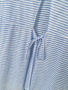 Top Longa de Manga Longa Solta com Listras Azuis e Design de Amarração Sem Costas, Top Casual Fina