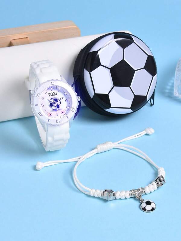 3pcs/Set Gift For Boys: Silicone Soft Strap Football Pattern Quartz Watch, LED Backlight Student Sports Watch, Coin Purse, Football Bracelet