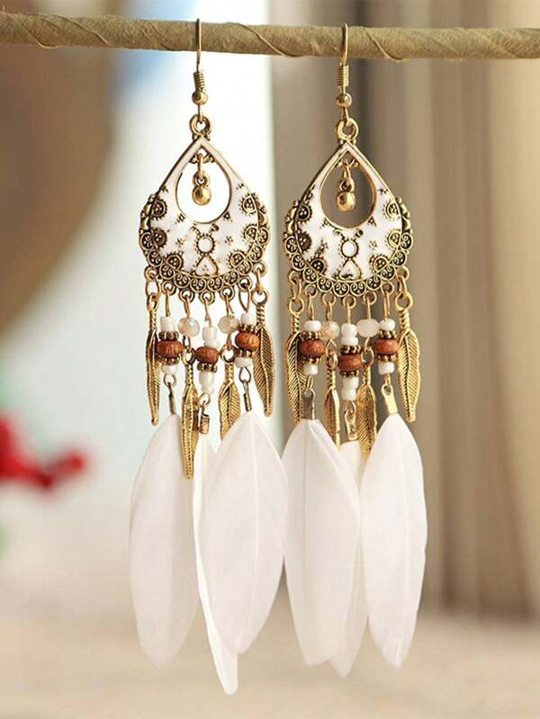 Boho Conta & Pena Pendão Brincos Pendentes Para Mulheres Para Decoração Diária