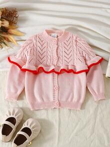 BOARNSEORL Baby Girls Pink Cardigan Sweater With Front Buttons And Ruffle Design, Elegant Fashion Versatile Top Suitable For Daily Wear, School, Party, Autumn/Winter - Pink - View 3