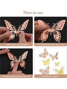 3D Adesivi da parete a forma di farfalla, 4 stili, 3 dimensioni, decorazione per feste di compleanno a tema farfalla, decorazione per torte, decorazione per asili, adesivi rimovibili (incisione laser) - Champagne + Oro - Visualizzare 4