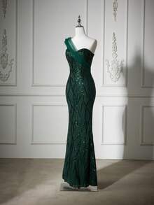 Women's Sequined Slip-Resistant Zipper Back Padding Dress - Dark Green - View 3