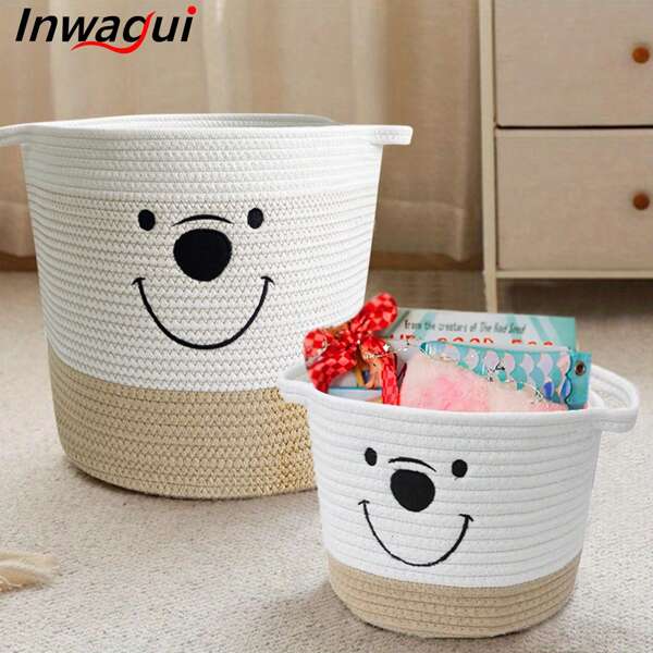 Inwagui 1/2pcs Cute Cartoon Bear Large Capacity Storage Basket, Thick Rope Woven Laundry Hamper With Handles, Modern Home Organization Bin, Nursery Storage Solution, Charming Decor Laundry Basket, Shelf Basket, Gift Basket