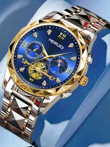 1pc Men's Steel Band Rhinestone Luminous Moon Phase Quartz Wrist Watch, High-End Fashion Korean Style Casual Business