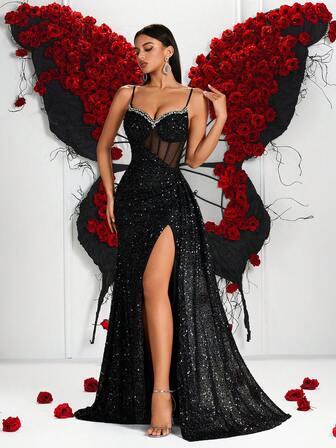 ADYCE Robe longue fendue à bretelles spaghetti, col en V, taille haute, dos ouvert, en satin avec paillettes et perles. Idéale pour le bal de promo, la remise des diplômes, les anniversaires, les dîners de gala, les anniversaires de mariage, les invités de mariage, le Nouvel An