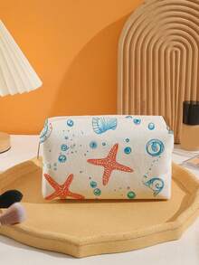 1pc Portable Cosmetic Bag With Seashell, Starfish & Ocean Pattern, Double-Sided Printed Velvet Makeup Pouch, Multi-Functional Toiletry Organizer,Fall Decor,Autumn Decor,Room Decor - Multicolor - View 4