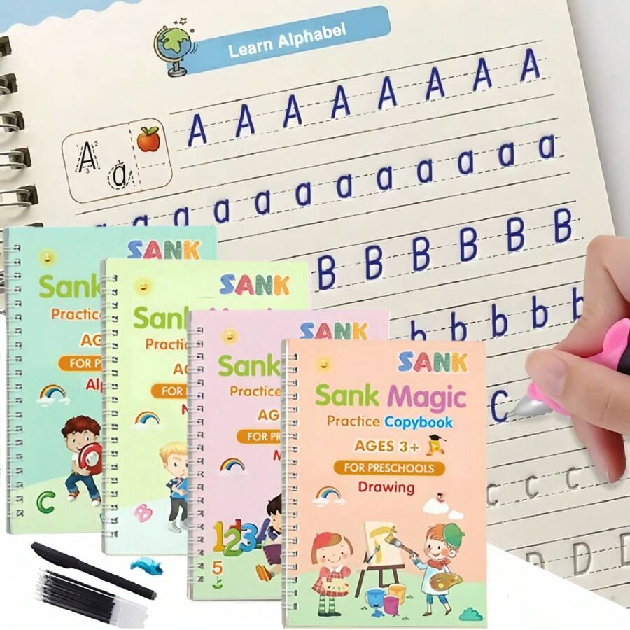 4pcs/Set Reusable Handwriting Practice Notebook, Magic Practice Book Set, Children's Digit & Letter Calligraphy Practice Notebook, Montessori Calligraphy Children's Notebook Writing Gift (4 Practice Books + 1 Pen + 5 Refill Ink Cartridges + 1 Pen Grip), Back To School, Christmas Gift, Suitable As Learning Reward, Holiday Or Birthday Gift - Multicolor - View 1