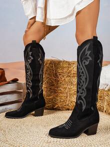 2025 Autumn/Winter New Women's Outdoor Plus Size Pointed Toe Chunky Heel Embroidered Western Cowboy Knee-High Boots, Outdoor Fashion Slip-On,Black Boots - Black - View 4