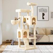 Allewie Árbol para gatos Allewie de 162 cm, centro de actividades multinivel para felinos grandes de interior, 2 compartimentos de felpa, 2 perchas, cesta, casa, rascadores de sisal y juguetes colgantes, color beige.