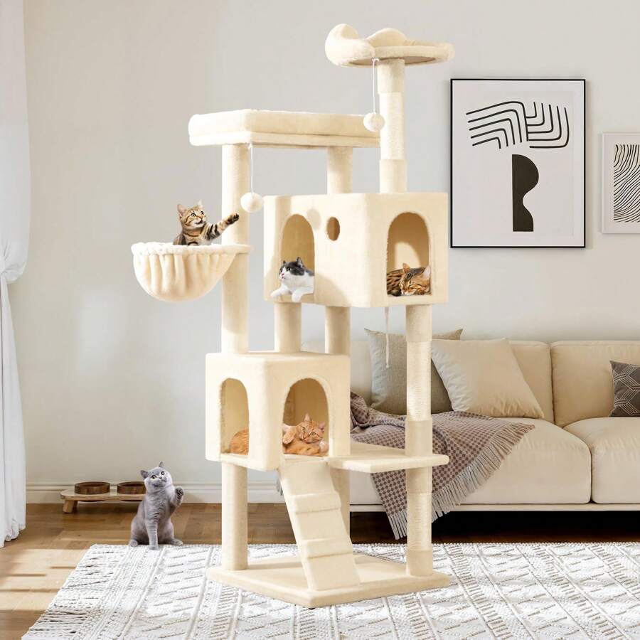 Allewie Árbol para gatos Allewie de 162 cm, centro de actividades multinivel para felinos grandes de interior, 2 compartimentos de felpa, 2 perchas, cesta, casa, rascadores de sisal y juguetes colgantes, color beige.