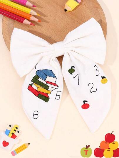 1pc Back To School Hair Bows For Girls White Letter Book Embroidery Hair Clip, Exquisite Hairpins Barrettes For First Day Of School ,Teacher Gift Hairgrips Teens Hair Accessories