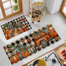 1/2pcs Autumn Thanksgiving Floor Mats, Classic Black And White Plaid Background Embellished With Red Truck With Colorful Pumpkin Pattern Kitchen Floor Mats, Thanksgiving Decoration, Suitable For Party Decoration, Bathroom, Kitchen And Laundry, Home Kitchen, Indoor And Outdoor Use, Home Decoration