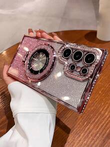 1pc Luxury Plating Gradient Glitter Diamond Stand Holder Phone Case Compatible With Samsung S26 Ultra S24 S25 Ultra S24 Plus S23 Ultra S22 Ultra S23 A15 A55 Wireless Charging Camera Protective Shockproof Cover - Pink - View 3